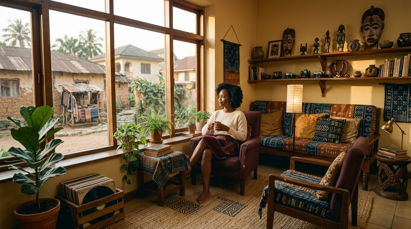African woman sitting near window, peaceful